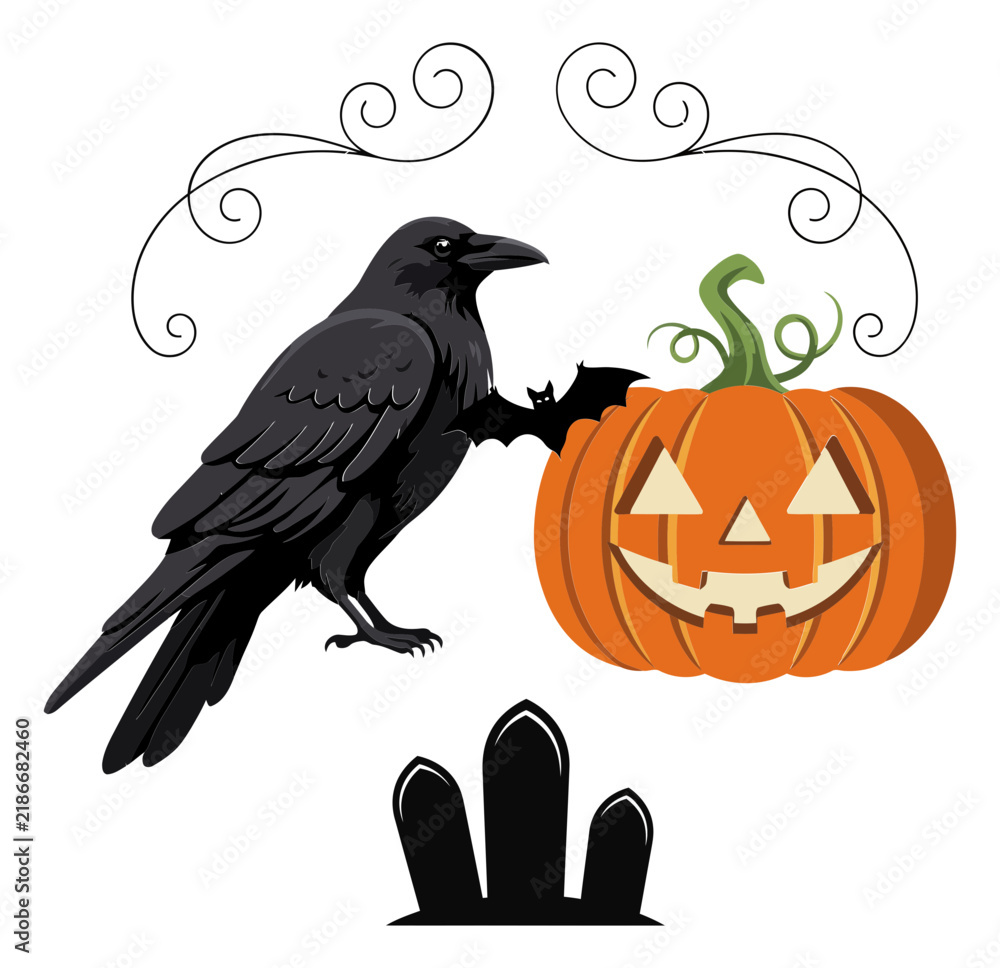 Fototapeta premium Crow with Bat and Pumpkin during Halloween with Tombstones Vector Illustration