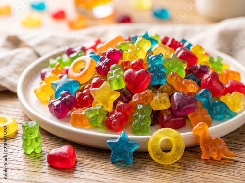 Colorful Gummy Candies with Glossy Jelly Texture on a Bright Background