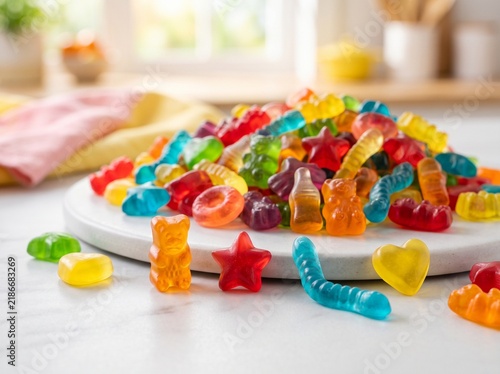 Colorful Gummy Candies with Glossy Jelly Texture on a Bright Background
