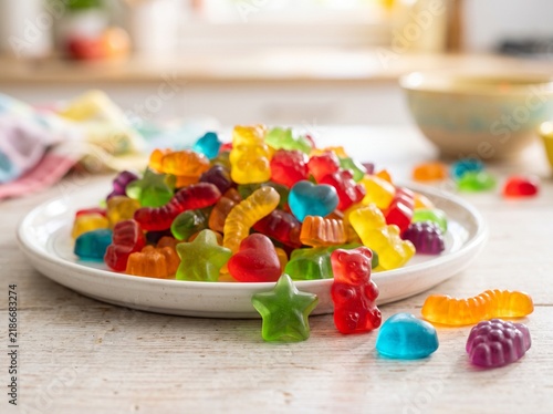 Colorful Gummy Candies with Glossy Jelly Texture on a Bright Background
