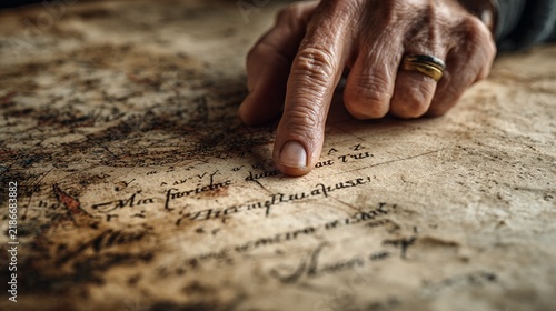 Close-up of a hand tracing a Latin inscription on an ancient, weathered manuscript, illuminated by soft natural light, evoking a sense of history and discovery as it reveals age-old secrets.