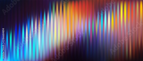 Abstract dark glass background with colorful spectrum light, blurred vertical lines and glowing rainbow refraction. Vibrant futuristic gradient texture in blue, red, orange and cyan colors.