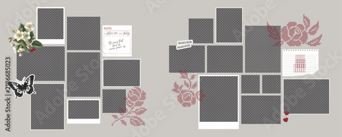Vintage scrapbook photo collage templates with frames, flowers, butterfly, paper notes and decorative sticker elements. Creative photo album and memory board design.