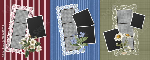 Vintage photo collage frame templates with flowers, lace and scrapbook paper elements. Romantic camera snapshot design for photo album, memories and creative decoration.