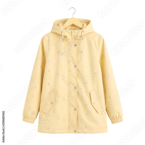 Yellow Hooded Raincoat on Hanger Isolated on Black Background