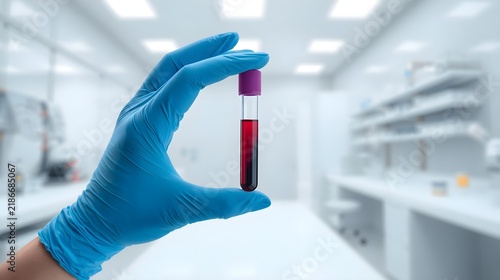 Gloved hand holding blood sample test tube in laboratory, medical diagnostics and healthcare testing concept, clinical research and analysis in modern lab environment