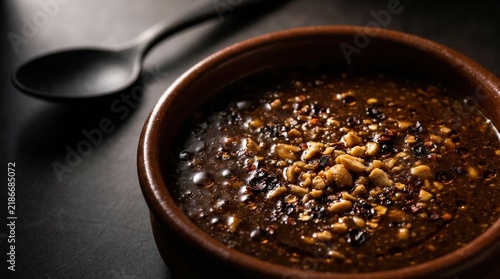 Spicy chili oil with roasted peanuts in brown ceramic bowl on dark table