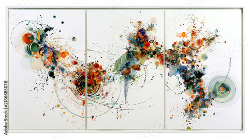 Abstract illustration continuous line story watercolor splash ink splatter colorful circular pattern modern art Abstract triptych continuous line
