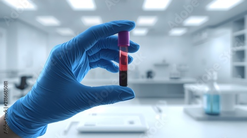 Gloved hand holding blood sample test tube in laboratory, medical diagnostics and healthcare testing concept, clinical research and analysis in modern lab environment