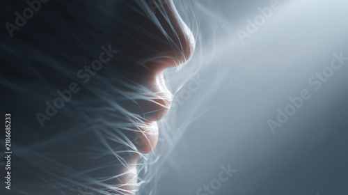 Abstract illustration goodbye human head face profile smoke mist blue abstract portrait with flowing smoke and soft blue haze, human head profile