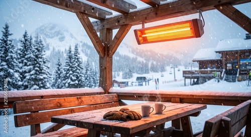 Mounted infrared outdoor patio heater glowing red over a snowy wooden terrace bench at a ski resort during snowfall