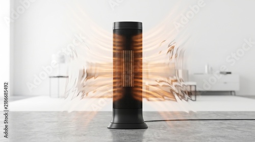 Modern black electric tower space heater radiating graphic heat waves in a minimal bright room interior