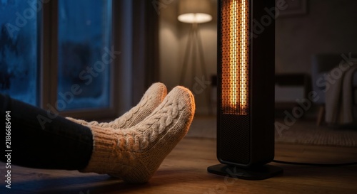 Close-up of feet in warm knitted socks warming up near a glowing electric tower heater in a cozy living room