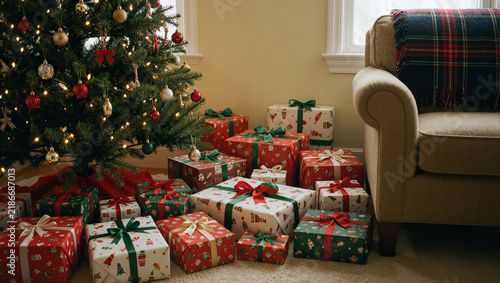Christmas tree with ornaments and a pile of wrapped gifts in a cozy living room