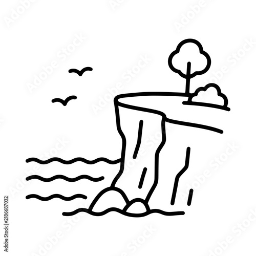 Minimalist line art illustration of a coastal cliff landscape with ocean waves and birds.