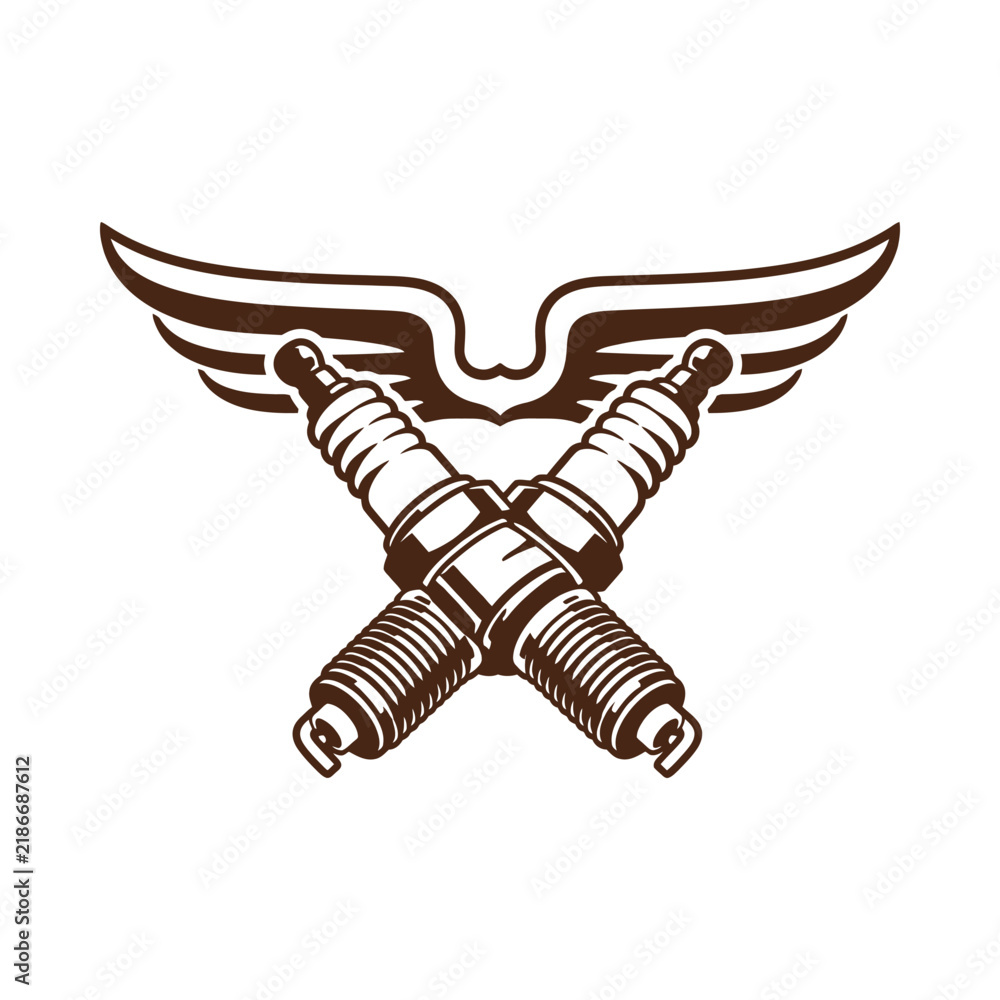 Fototapeta premium Vintage Crossed Spark Plugs with Wings Emblem for Automotive and Motorcycle Enthusiasts.