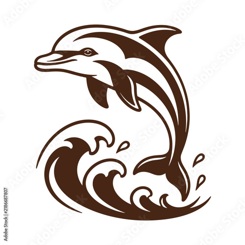 Stylized brown dolphin jumping over ocean waves vector illustration isolated on white background.