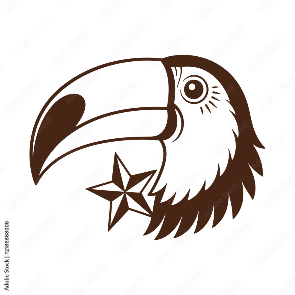 Fototapeta premium Vintage Style Toucan Head Illustration With Nautical Star Element.