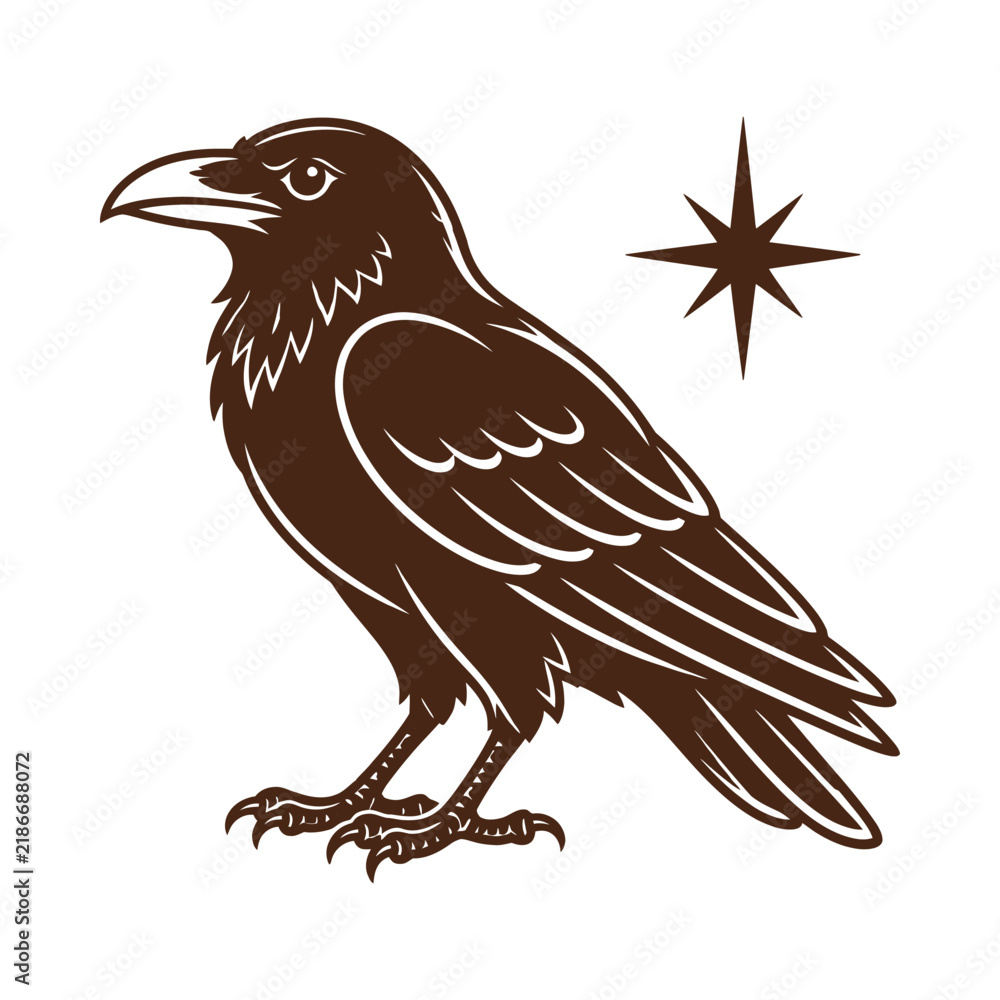 Obraz premium Mystical black raven bird illustration with celestial star symbol in vintage woodcut style.