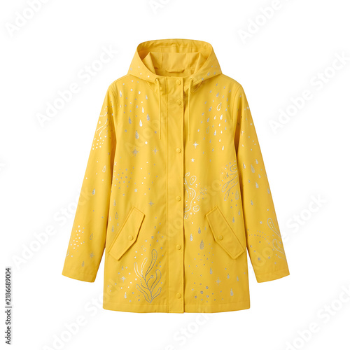 Yellow waterproof raincoat with silver patterns and hood