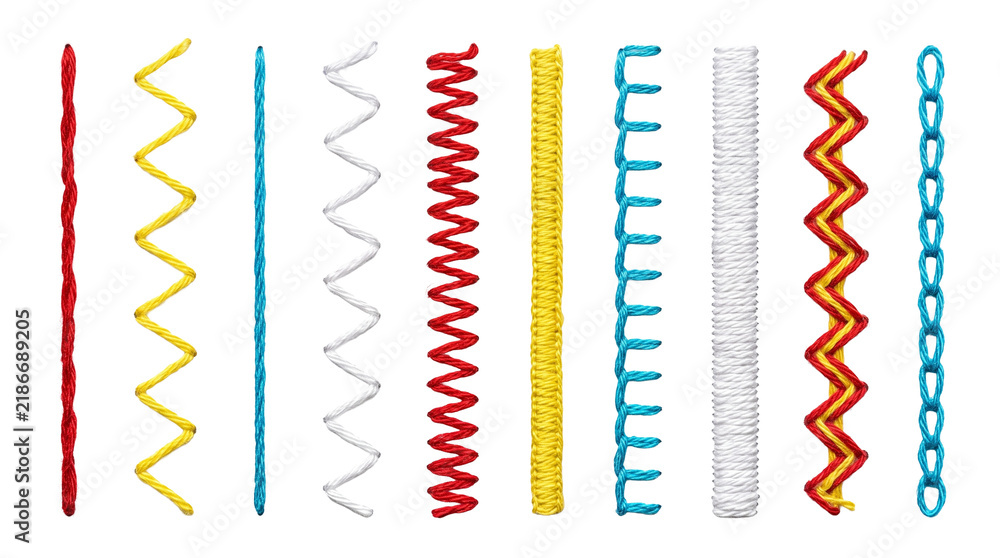 Obraz premium Red embroidered thread stitching lines and sewing seam marks collection