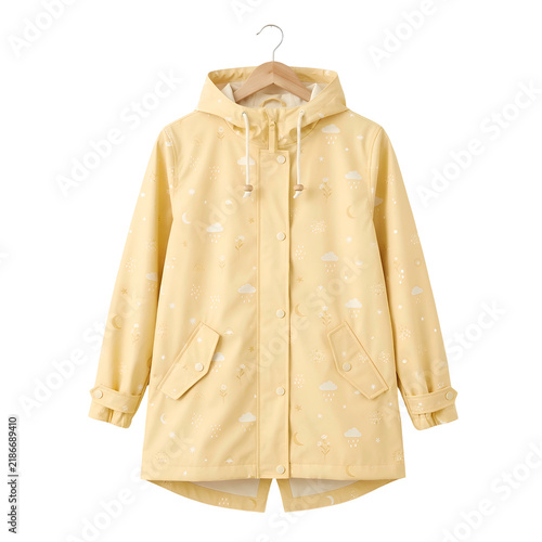 Yellow Waterproof Hooded Raincoat with Cloud Pattern on Hanger