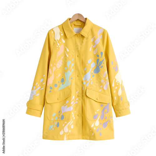 Yellow Raincoat with Pastel Paint Splatter Design on Hanger