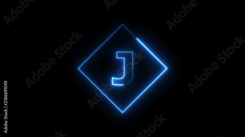 Neon letter j animation with glowing blue diamond frame on black background, alphabet typography concept 4k video.