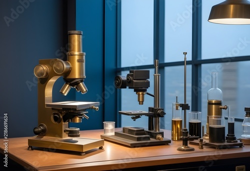 An old brass microscope displayed beside modern lab equipment, warm museum lighting