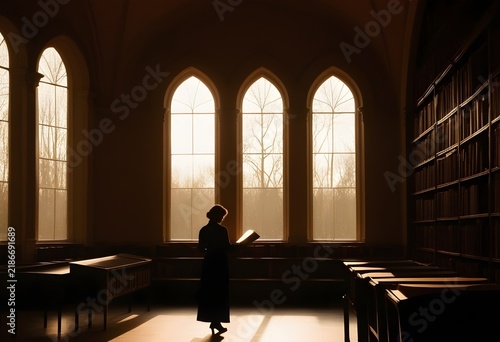 A silhouette of a figure reading by a large arched library window, soft warm backlight