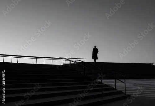 A silhouette of a lone figure ascending library steps at dawn, soft cool backlight