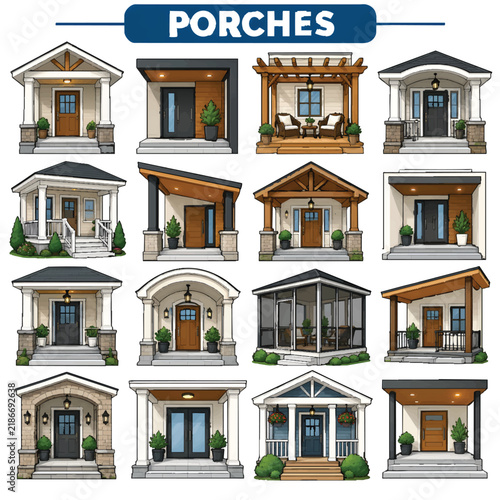 Porch Icon Set – Front Porch, House Entrance and Outdoor Home Area Vector Collection