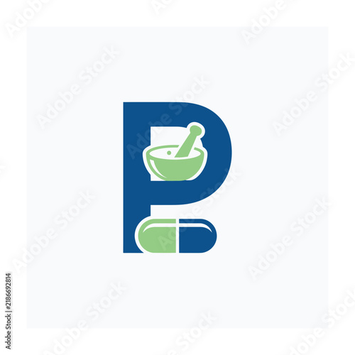 Pharmacy Logo Design with Letter P, Mortar and Pestle, and Capsule Pill on White Background