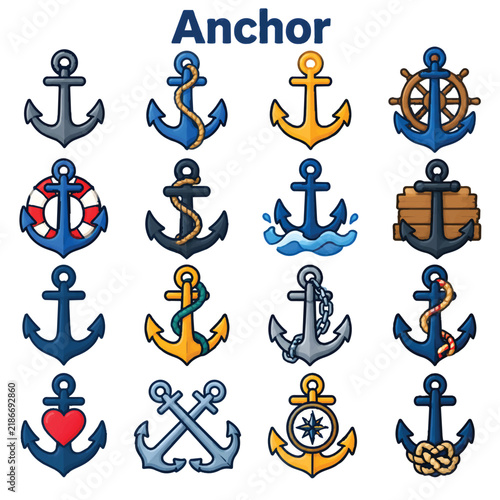 Anchor Icon Set – Marine Anchor, Nautical Symbol and Boat Equipment Vector Collection