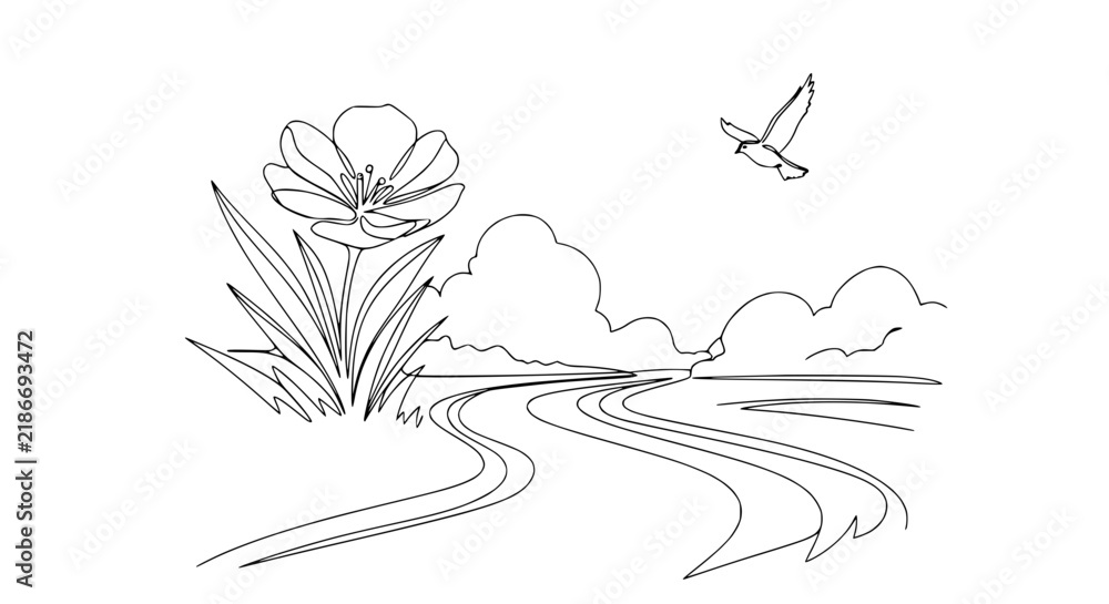 Fototapeta premium Line Art Flower Path Bird Clouds Scenic Landscape