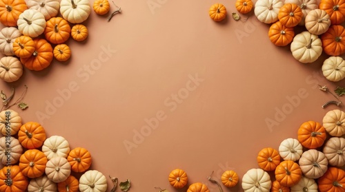 Rectangular frame of small orange and white pumpkins on a solid light brown background, for autumn harvest, and thanksgiving celebration