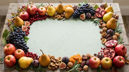 A festive border of fresh fruits and nuts including grapes, apples, pears, figs, and pomegranates on a rustic wooden table for harvest season