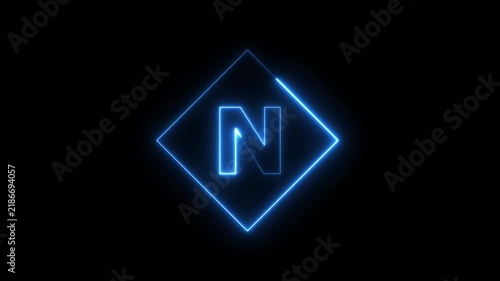 Neon letter N animation with glowing blue diamond frame on black background, alphabet typography concept 4k video.