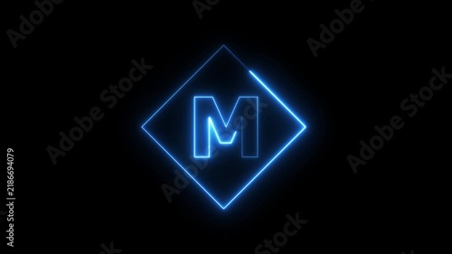 Neon letter M animation with glowing blue diamond frame on black background, alphabet typography concept 4k video.