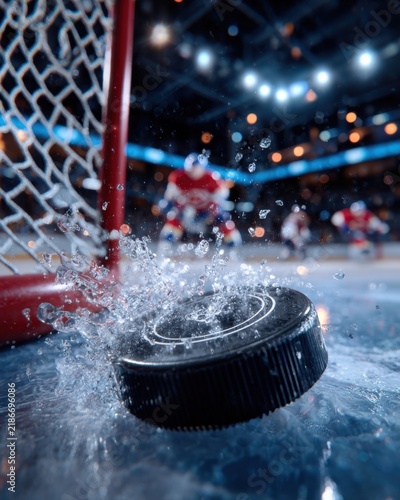 Hockey puck splashes on ice near goal during match in well-lit arena at night with players in background