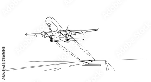 Airplane taking off from runway, sketch, black and white, isolated