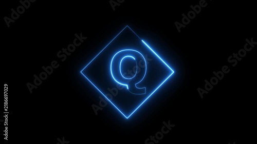 Neon letter Q animation with glowing blue diamond frame on black background, alphabet typography concept 4k video.