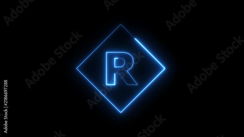 Neon letter R animation with glowing blue diamond frame on black background, alphabet typography concept 4k video.