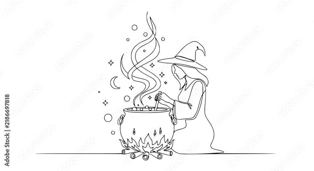 Fototapeta premium Witch Brewing Potion in Cauldron, Continuous Line Art, Halloween Magic