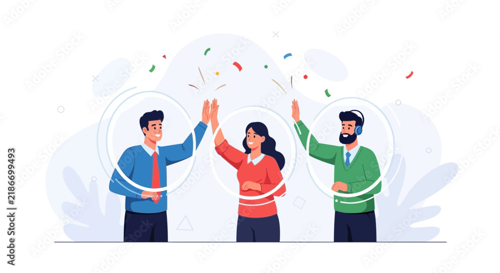 Fototapeta premium Teamwork and success concept: Diverse people celebrating with high fives and confetti in a modern flat illustration style.