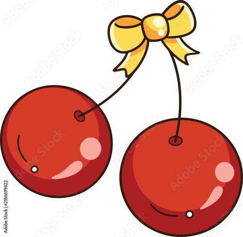 Adorable twin cherries with yellow bow ribbon digital drawing for cute stickers and nursery decor