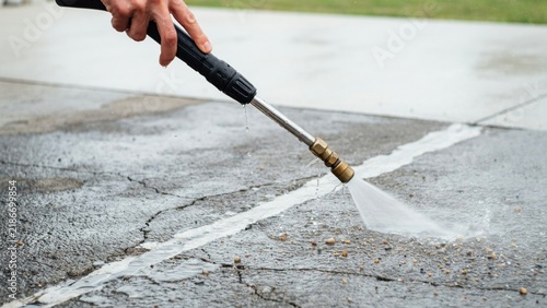 Close up of a pressure washing wand spraying water onto a cracked and dirty asphalt surface on a bright day.