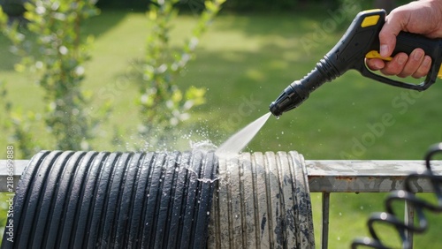 Close up of hand holding pressure washer gun spraying water onto dirty ribbed rubber mat placed over outdoor railing.