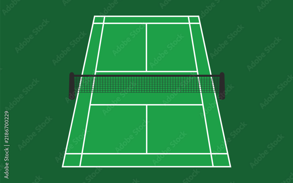 Obraz premium Green tennis court vector illustration with precise white boundary markings and centered net for sports graphics, training materials, and court diagrams