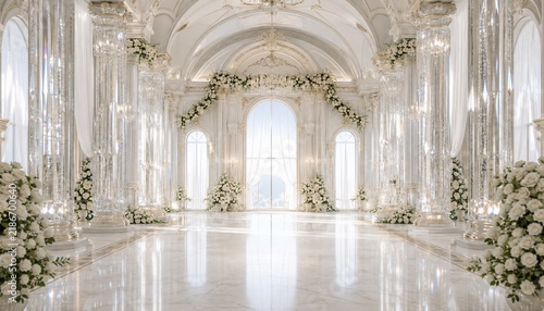 Luxurious crystal hall with white roses and elegant columns